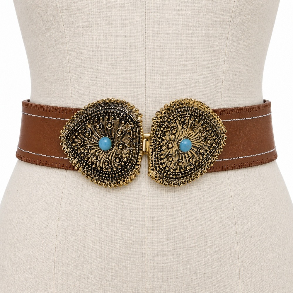 Blumarine Western Belt IT 48 L Brown Turquoise Medallion Buckle Italy Vintage